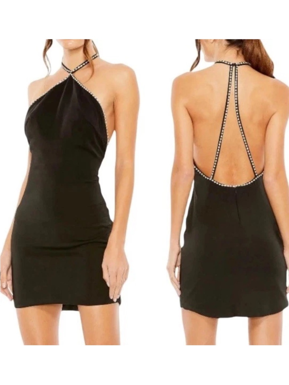 MacDuggal 🌹Black Halter Backless Mini Dress with Beaded Trim